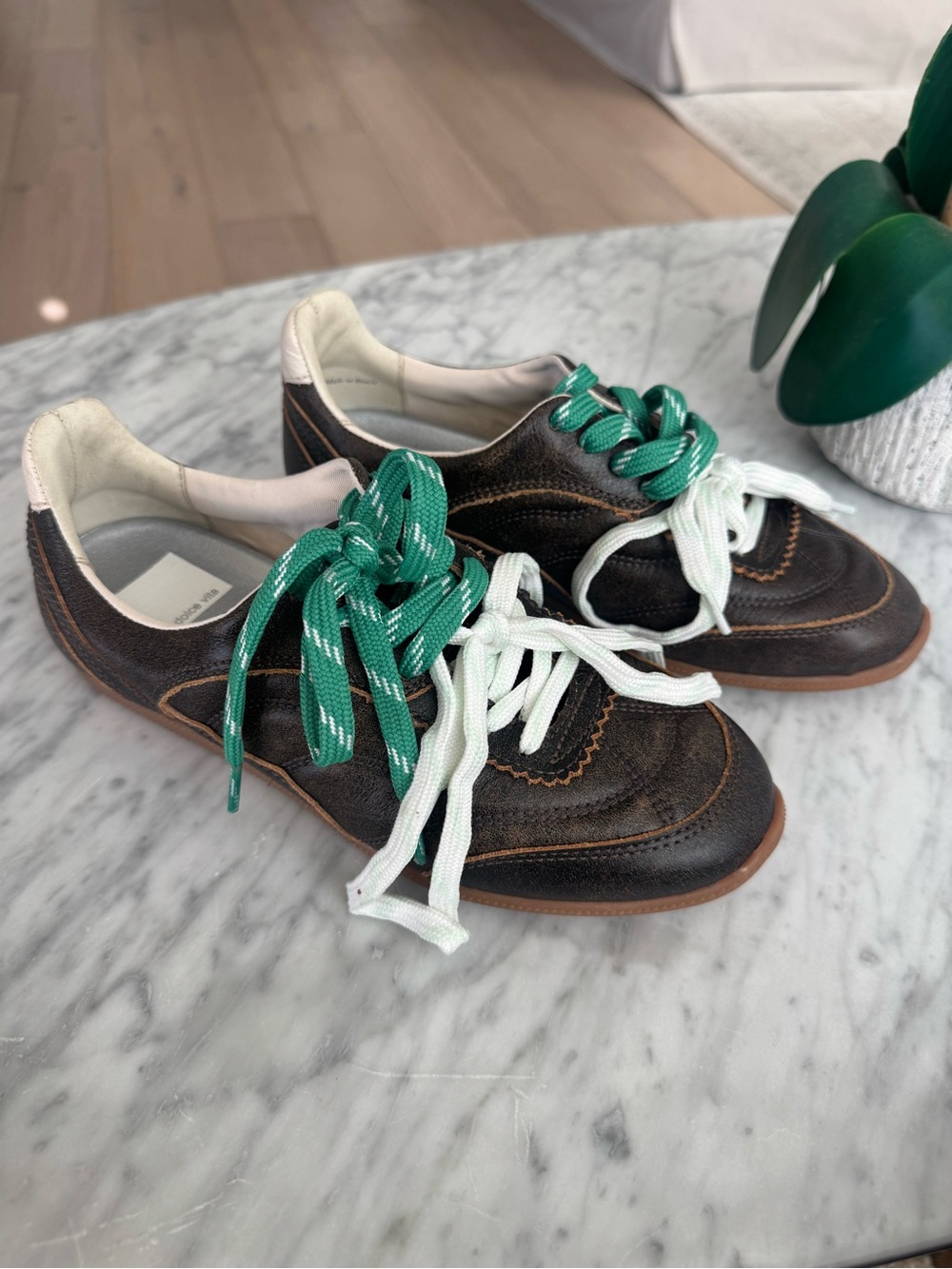 Dolce Vita Brown Leather Sneakers with Green and White Laces